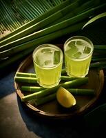 Photo of some Sugarcane Juice drink elegantly plated on a table. Generative AI