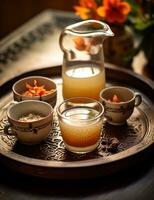 Photo of some Tibetan Butter Tea drink elegantly plated on a table. Generative AI