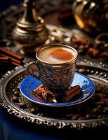 Photo of some Turkish Coffee drink elegantly plated on a table. Generative AI