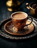 Photo of some Turkish Coffee drink elegantly plated on a table. Generative AI