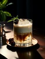 Photo of some White Russian drink elegantly plated on a table. Generative AI