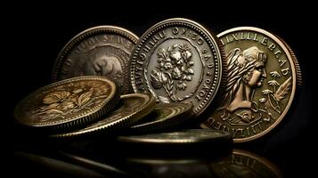 ancient coins on black background. Generative AI photo