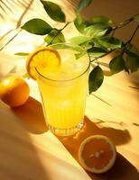 Photo of some Yuzu Citrus Drink drink elegantly plated on a table. Generative AI