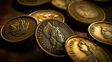 ancient coins on black background. Generative AI photo