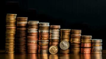 pila de algo de monedas en negro antecedentes. generativo ai foto