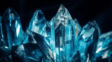 Photograph a mesmerizing close-up of a sparkling Aquamarine held against a velvety black background. Generative AI photo