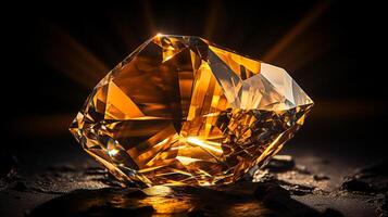 Photograph a mesmerizing close-up of a sparkling Citrine held against a velvety black background. Generative AI photo