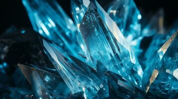 Photograph a mesmerizing close-up of a sparkling Aquamarine held against a velvety black background. Generative AI photo