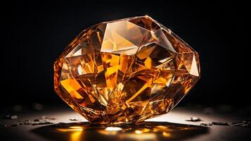 Photograph a mesmerizing close-up of a sparkling Citrine held against a velvety black background. Generative AI photo