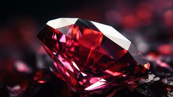 Photograph a mesmerizing close-up of a sparkling Garnet held against a velvety black background. Generative AI photo