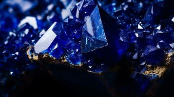 Photograph a mesmerizing close-up of a sparkling Lapis Lazuli held against a velvety black background. Generative AI photo