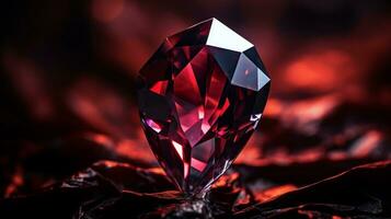 Photograph a mesmerizing close-up of a sparkling Garnet held against a velvety black background. Generative AI photo