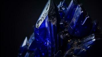 Photograph a mesmerizing close-up of a sparkling Lapis Lazuli held against a velvety black background. Generative AI photo