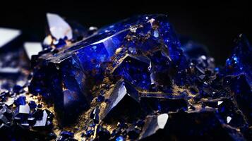 Photograph a mesmerizing close-up of a sparkling Lapis Lazuli held against a velvety black background. Generative AI photo