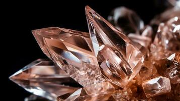 Photograph a mesmerizing close-up of a sparkling Morganite held against a velvety black background. Generative AI photo