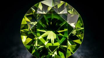 Photograph a mesmerizing close-up of a sparkling Peridot held against a velvety black background. Generative AI photo