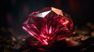 Photograph a mesmerizing close-up of a sparkling Ruby held against a velvety black background. Generative AI photo