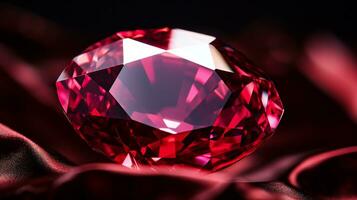 Photograph a mesmerizing close-up of a sparkling Ruby held against a velvety black background. Generative AI photo