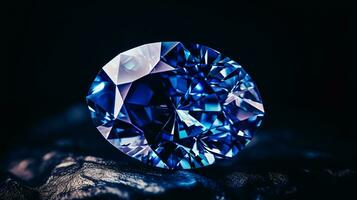 Photograph a mesmerizing close-up of a sparkling Sapphire held against a velvety black background. Generative AI photo