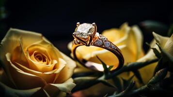 Photograph an elegant engagement ring featuring a radiant Amber nestled within a bed of roses. Generative AI photo