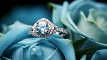 Photograph an elegant engagement ring featuring a radiant Aquamarine nestled within a bed of roses. Generative AI photo