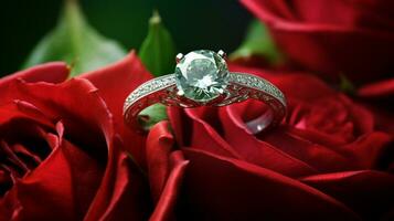 Photograph an elegant engagement ring featuring a radiant Emerald nestled within a bed of roses. Generative AI photo