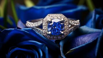 Photograph an elegant engagement ring featuring a radiant Lapis Lazuli nestled within a bed of roses. Generative AI photo