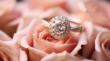 Photograph an elegant engagement ring featuring a radiant Morganite nestled within a bed of roses. Generative AI photo