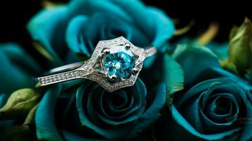 Photograph an elegant engagement ring featuring a radiant Turquoise nestled within a bed of roses. Generative AI photo