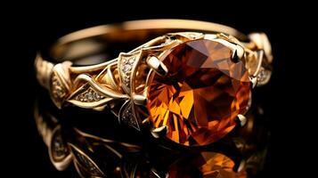 Photograph an elegant ring featuring a radiant Citrine on a jewelry box, symbolizing luxury and pricy. Generative AI photo