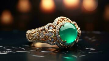 Photograph an elegant ring featuring a radiant Jade on a jewelry box, symbolizing luxury and pricy. Generative AI photo