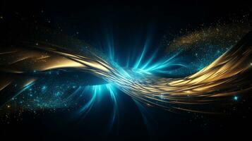 Explosion with cool blue wave pattern with golden and black neon light. Generative AI photo