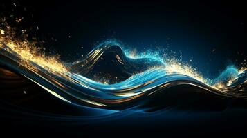 Explosion with cool blue wave pattern with golden and black neon light. Generative AI photo