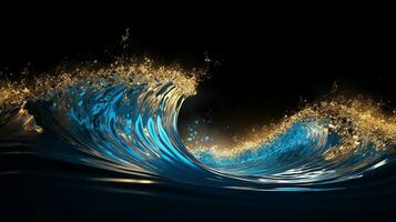 Explosion with cool blue wave pattern with golden and black neon light. Generative AI photo