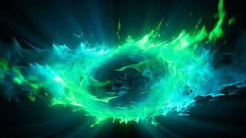 Explosion with cool blue wave pattern with green and black neon light. Generative AI photo