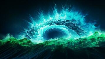 Explosion with cool blue wave pattern with green and black neon light. Generative AI photo