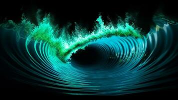 Explosion with cool blue wave pattern with green and black neon light. Generative AI photo