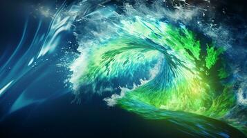 Explosion with cool blue wave pattern with green and black neon light. Generative AI photo