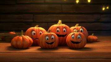 Pile of pumpkins on wooden table, 3d cartoon style. Generative AI photo