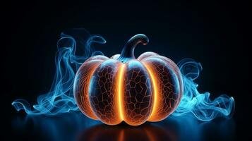 Pumpkin with a cool blue neon light wave pattern. Generative AI photo