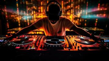 un DJ inmerso en el Arte de mezclar, manos hábilmente moverse tocadiscos a crear un sinfonía de latidos generativo ai foto