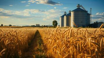 Grain silos in the middle of wide green fields on a sunny day. Generative AI photo