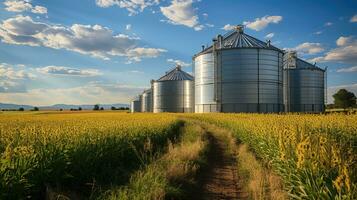 Grain silos in the middle of wide green fields on a sunny day. Generative AI photo