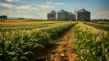 Grain silos in the middle of wide green fields on a sunny day. Generative AI photo