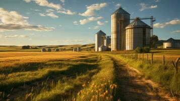 Grain silos in the middle of wide green fields on a sunny day. Generative AI photo