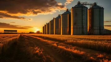 Grain silos in the middle of wide green fields on a sunny day. Generative AI photo