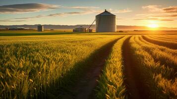 Grain silos in the middle of wide green fields on a sunny day. Generative AI photo