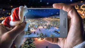 Santa Claus holding a phone. Generative AI photo
