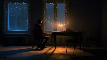 solitario hombre gasto Navidad solo en el oscuro de noche. generativo ai foto