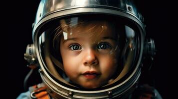 Cute little boy is dressed in astronaut suit and his eyes are full of curiosity. Generative AI photo